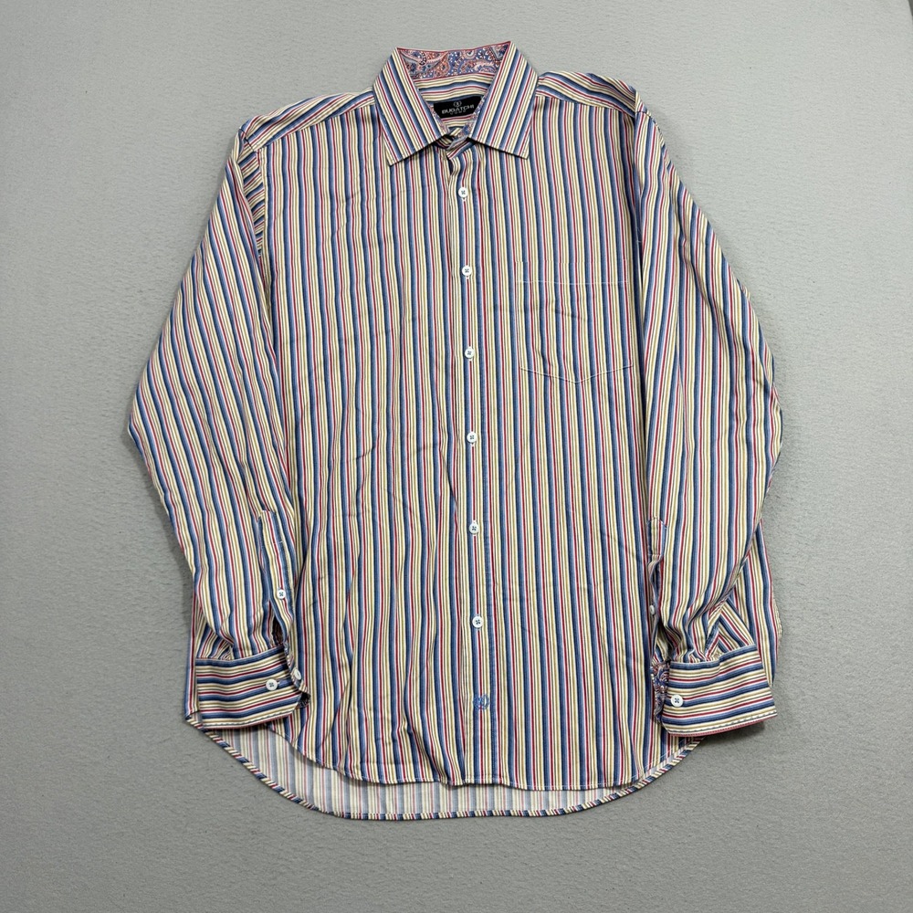 Bugatchi Shirt Mens XL Multicolor Striped Cotton Button Up Paisley Trim Preppy